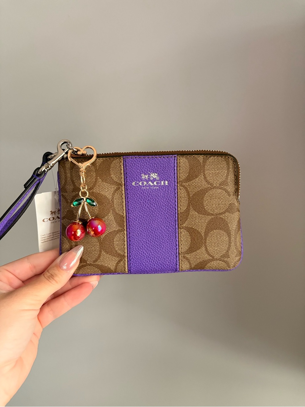 Coach NWT Brown Signature Wristlet with Purple Trim and Tag